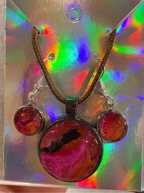 Handcrafted Pink, Red and black Pendant Necklace & Earrings Set